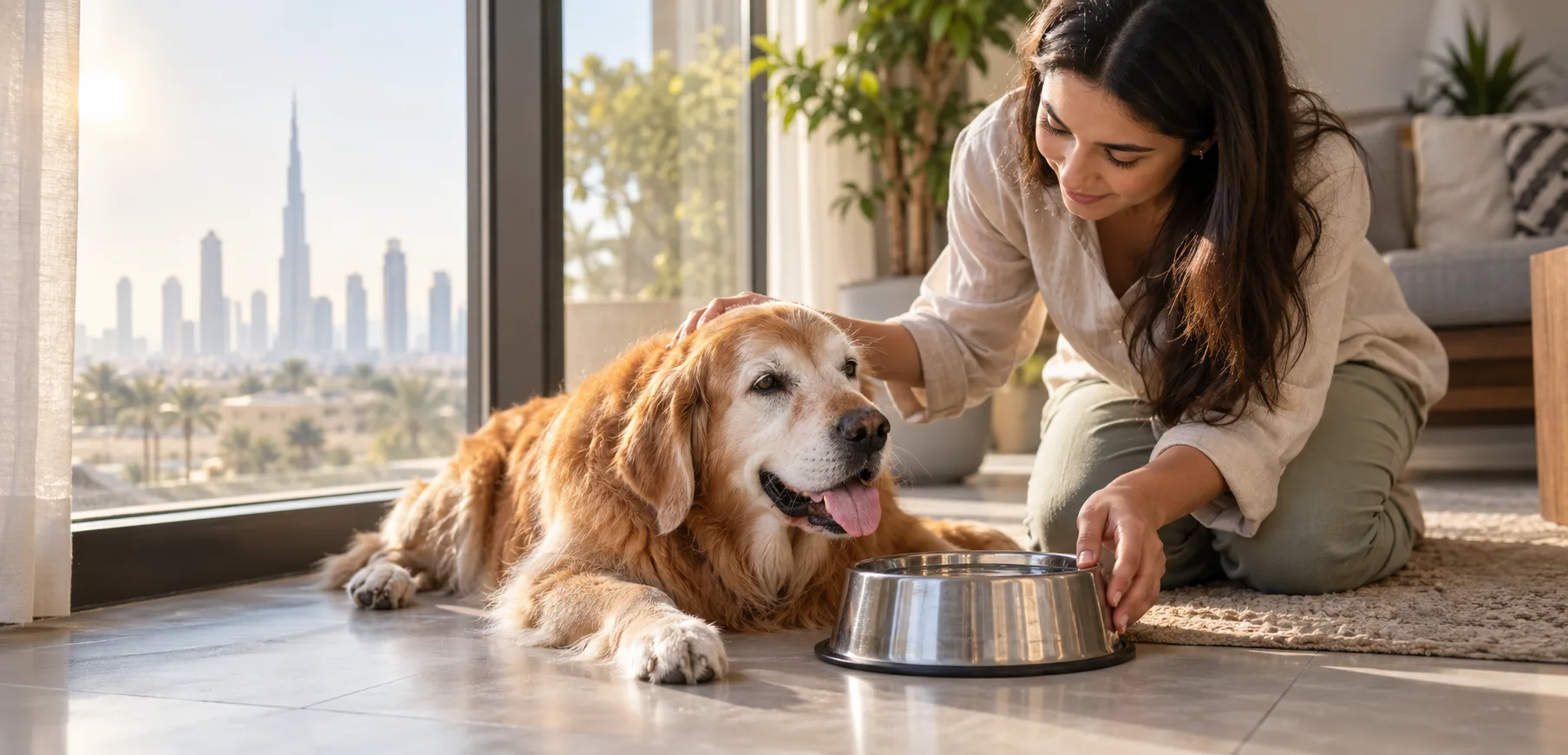 Senior dog receiving care indoors, Dubai.
