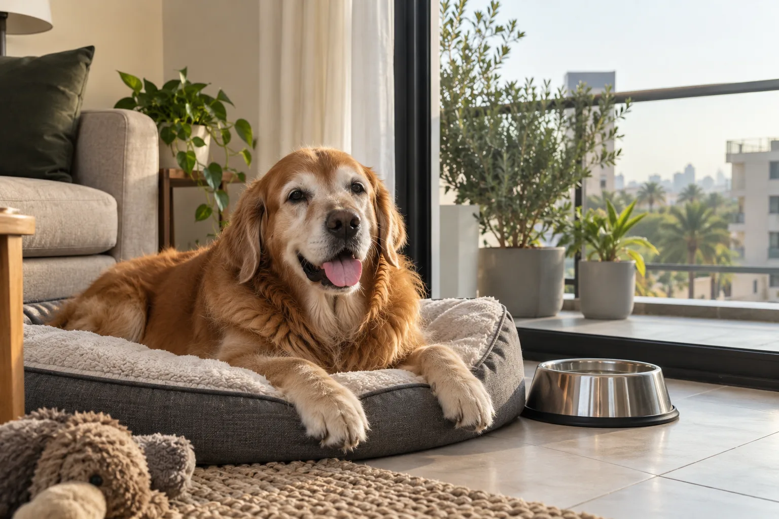 Senior golden retriever resting indoors beside a water bowl.